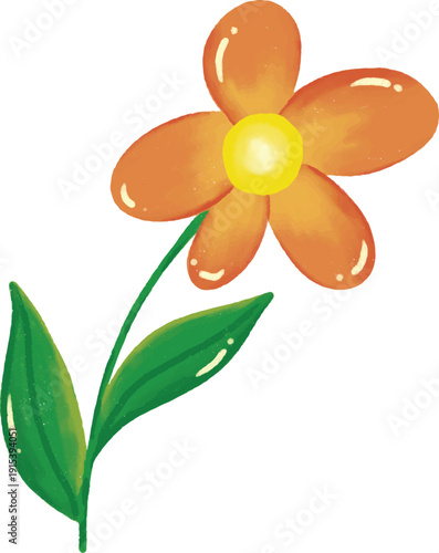 Simple hand drawn orange flower illustration with green leaves, cute aesthetic floral design in grainy texture