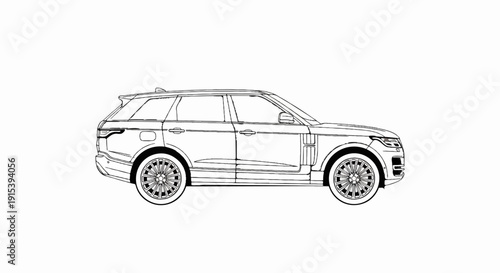A detailed sketch of a modern, luxury SUV in profile, emphasizing its elegant lines and wheels