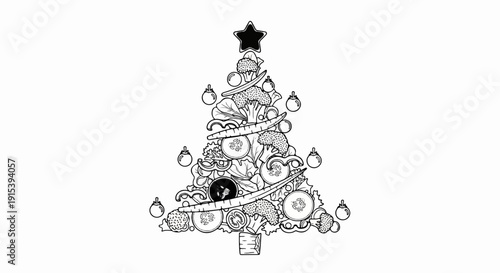 A festive tree formed from an assortment of fresh vegetables and decorative baubles