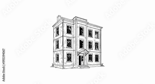 A detailed sketch of a three-story brick building with broken windows and a dilapidated facade