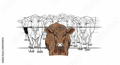 A brown cow stands out in a line of sketched cows behind barbed wire