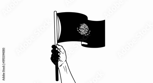 A black flag with a national emblem held aloft by a hand