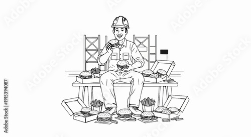 A cheerful construction worker sits with a large spread of hamburgers and fries