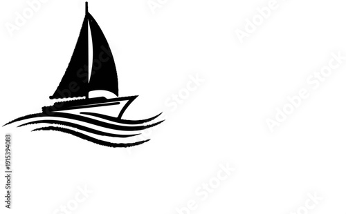 A black silhouette of a sailboat glides on stylized waves