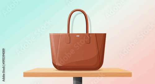 A brown leather tote bag rests on a wooden shelf against a gradient background
