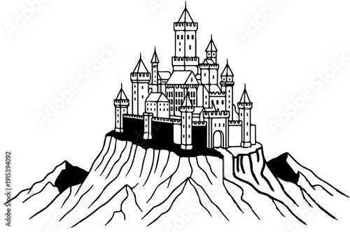 A detailed, stylized illustration of a grand castle perched atop a rugged mountain