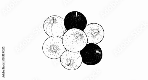 A cluster of seven hand-drawn apples, some solid black, others detailed line art