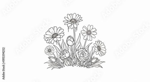 A delicate grayscale sketch of a floral bouquet featuring daisies and buds