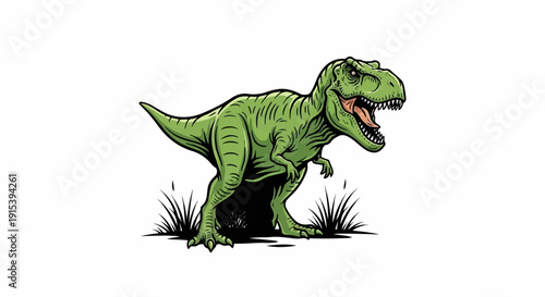 A green dinosaur with sharp teeth and claws stands in tall grass