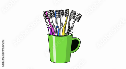 A green mug overflowing with multicolored toothbrushes