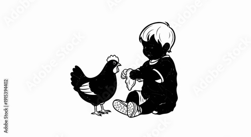 A child sits with a chicken, holding a cloth