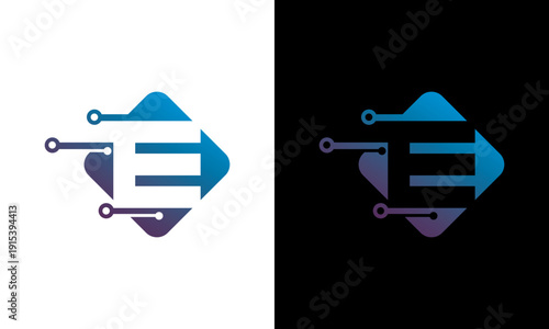 Stylized Letter E Logo Design with Arrows and Geometric Shapes on Contrasting Backgrounds