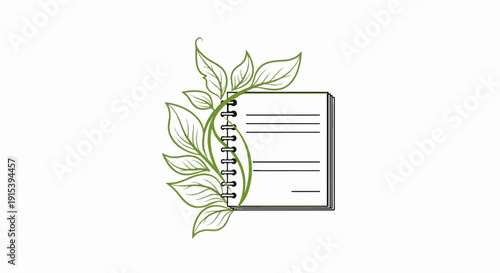 A green vine with leaves entwined around an open spiral notebook