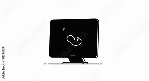 A digital screen displays an outline of a fetus, indicating a medical scan
