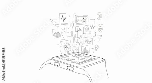 A digital watch displays holographic health data and graphs