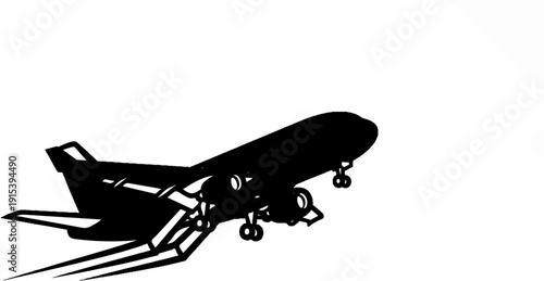 A black silhouette of a jet airplane with its landing gear down, in mid-flight
