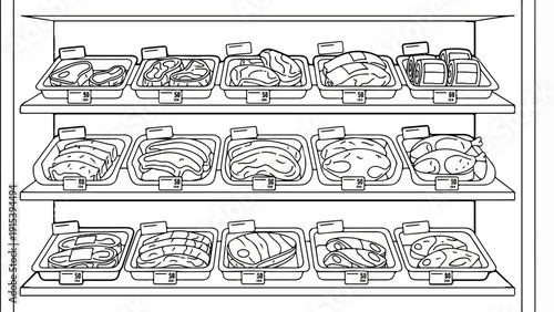 A butcher's display case filled with various cuts of meat on three shelves
