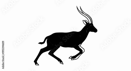 A black silhouette of a gazelle with long, spiraling horns running
