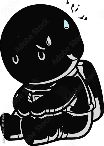 A cartoon astronaut sits with a worried expression, sweating