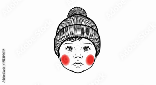 A child's face wearing a knitted hat, with rosy cheeks