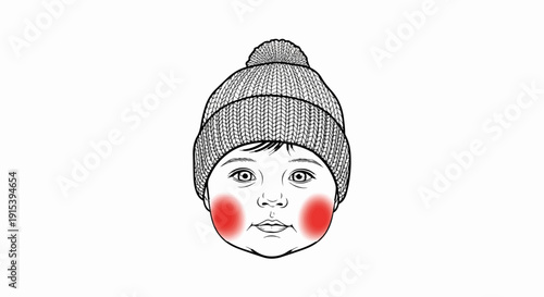 A child's face with rosy cheeks wearing a knitted hat with a pompom