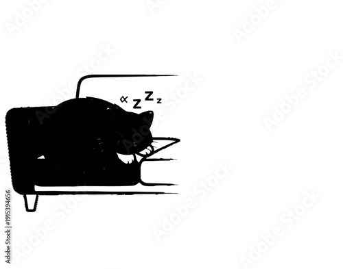 A cartoon black cat peacefully naps on a chair