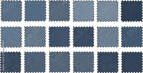 A grid of 15 denim swatches in various shades of blue, showing different textures