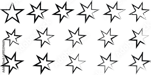 Hand drawn grunge star outlines set – rough sketch five‑point star icons, doodle vector shapes on white