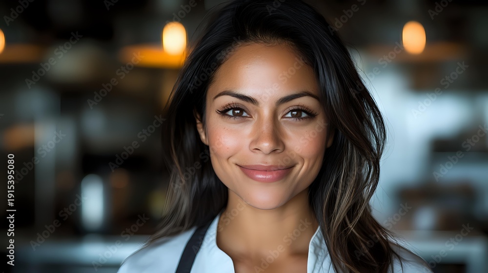Obraz premium Professional young Hispanic woman with long wavy hair smiling confidently in modern office environment with warm lighting and blurred background.
