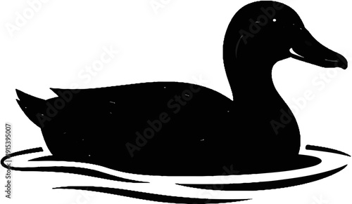 A black silhouette of a duck floats on wavy water lines against a white background