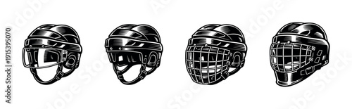 Hockey gear flat vector icons set. protective headgear and helmet designs collection