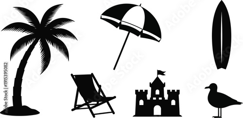 Collection of black silhouette beach icons including palm tree umbrella surfboard and sandcastle perfect for summer vacation graphics