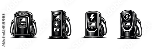 Ev charging stations flat vector icons set – electric vehicle charge pump designs collection