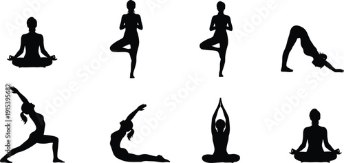 Collection of diverse yoga poses silhouettes representing flexibility and wellness ideal for fitness apps and health websites