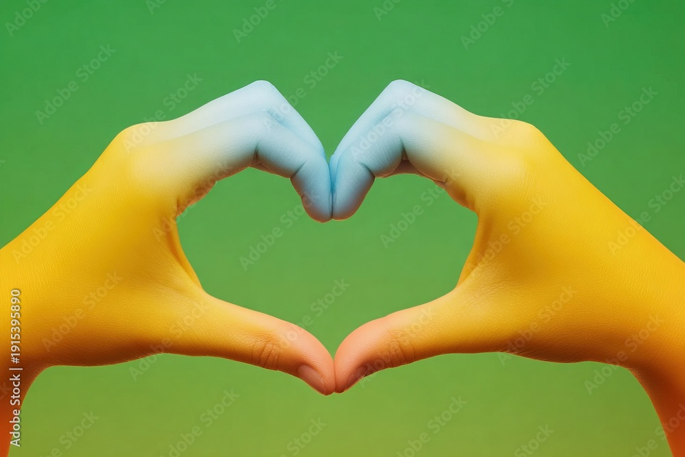 Obraz premium Hands in yellow and blue form a heart shape against a green background