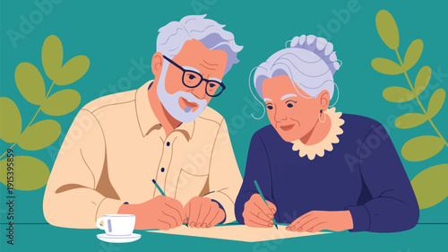 Senior couple sitting at table together writing on paper and planning their future home