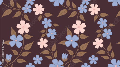 Seamless pattern with blooming delicate forget-me-not flowers and light pink petals