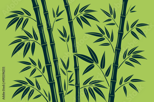 A minimalist digital illustration of a bamboo forest. It features a clean, two-tone color palette with dark teal bamboo stalks and leaves set against a solid lime-green background.