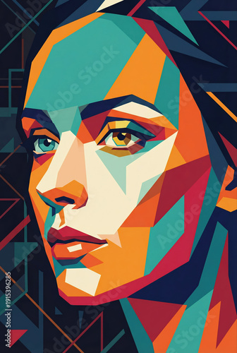 Modern geometric portrait of a woman with vibrant colors and sharp lines.