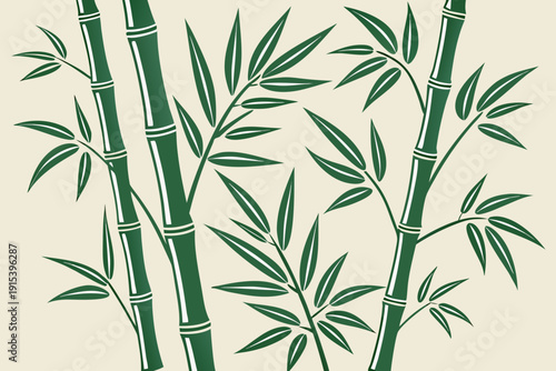 A clean, minimalistic illustration of bamboo stalks and leaves. The green stalks with white segments and pointed leaves stand out against a soft beige background, giving it a natural yet decorative.