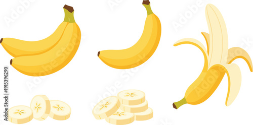 Banana Fruit Set Whole Peeled and Sliced Fresh Tropical Healthy Food Ingredient Flat Vector Illustration Collection