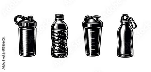 Flat vector icons set: water bottle designs, sports drink containers, hydration flasks collection