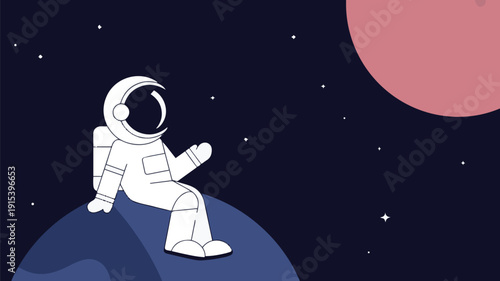 Astronaut sitting on a planet in space with stars and red planet background