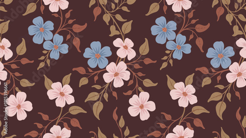 Seamless pattern with blooming delicate forget-me-not flowers and light pink petals