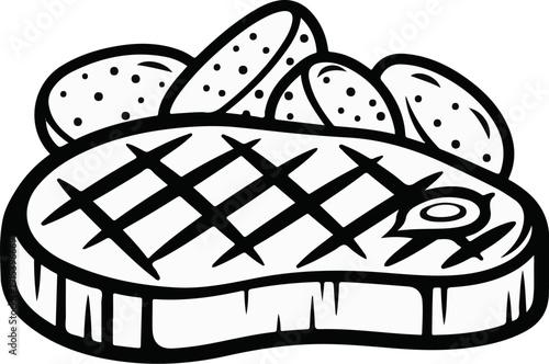 A grilled steak with seasoned potato wedges and a bone