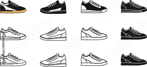 A grid of twelve stylized sneaker illustrations in two rows