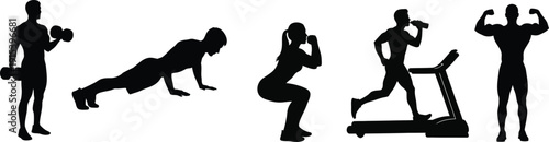 Collection of fitness silhouettes including weightlifting push-ups squats treadmill running and bodybuilding poses ideal for health and wellness concepts