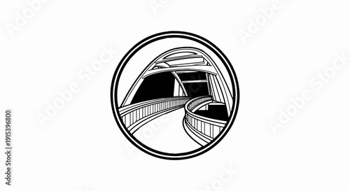 A circular black and white sketch of a modern bridge with a curved walkway