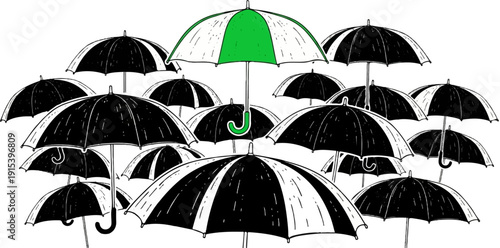 A group of black and white umbrellas with one green umbrella prominently displayed