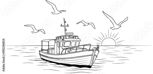 A fishing boat sails on the ocean at sunrise with seagulls flying above